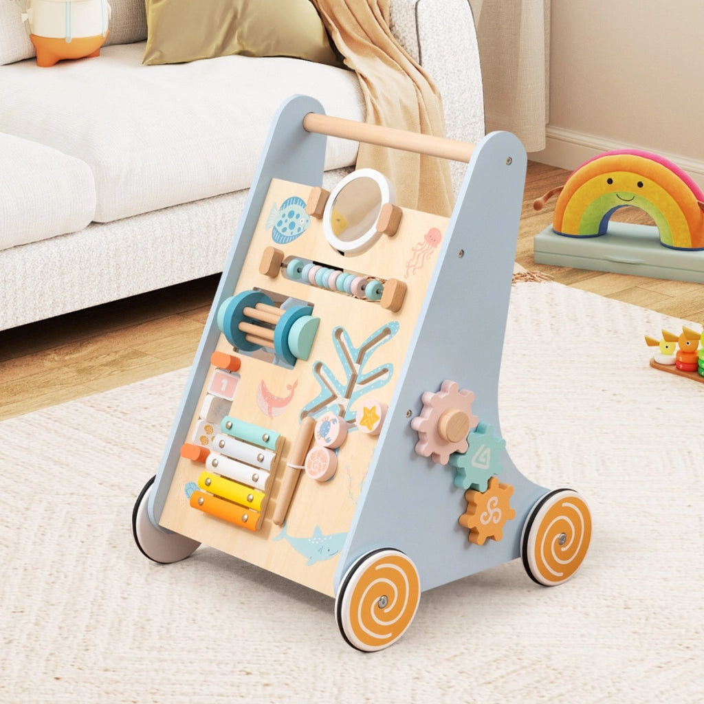 Girello in legno per bambini di apprendimento da spingere e tirare, Girello in legno per bambini per 1+ anni Blu