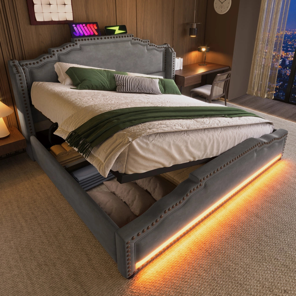Letto imbottito con stoccaggio idraulico - Zephmum- 140x200 cm- Grigio- LED, USB-C, con rete e materasso