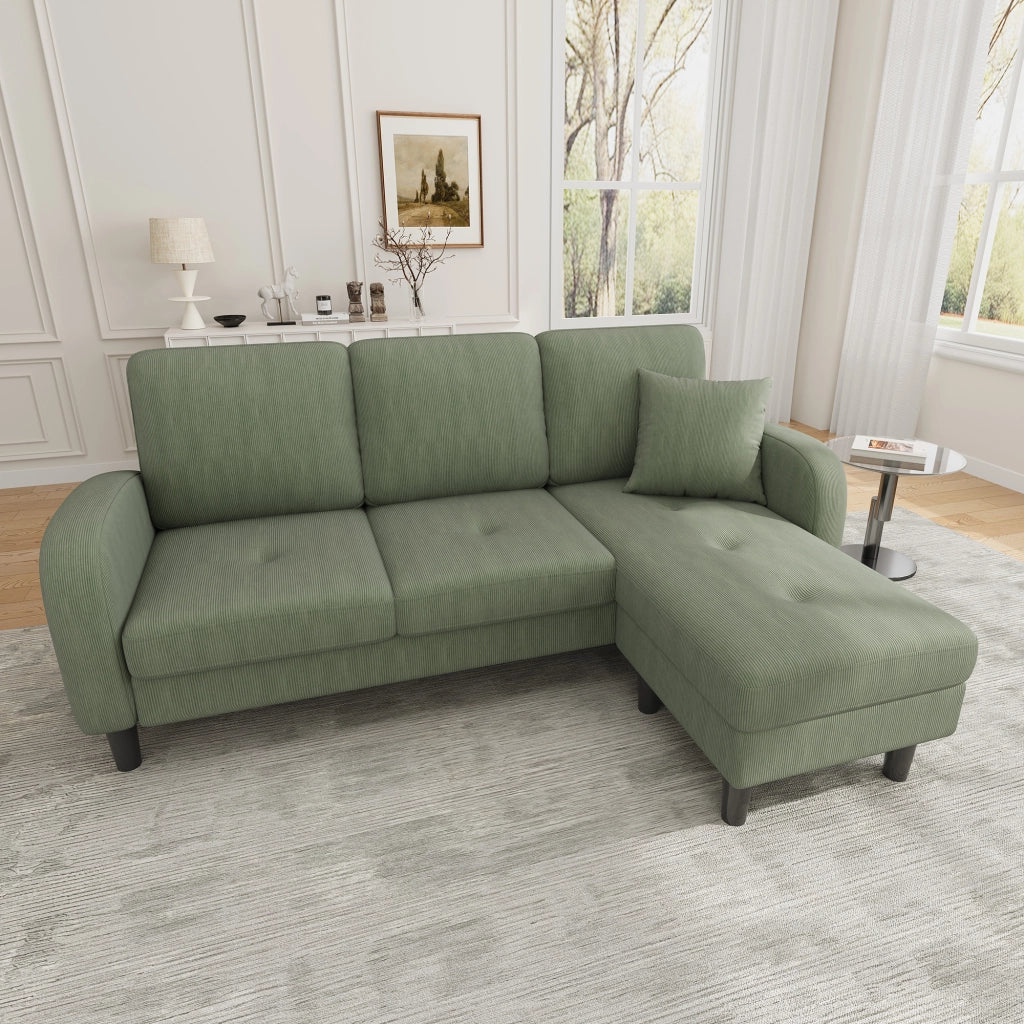 Divano angolare modulare con chaise longue; 166 x 118 x 77 cm; velluto a coste verde