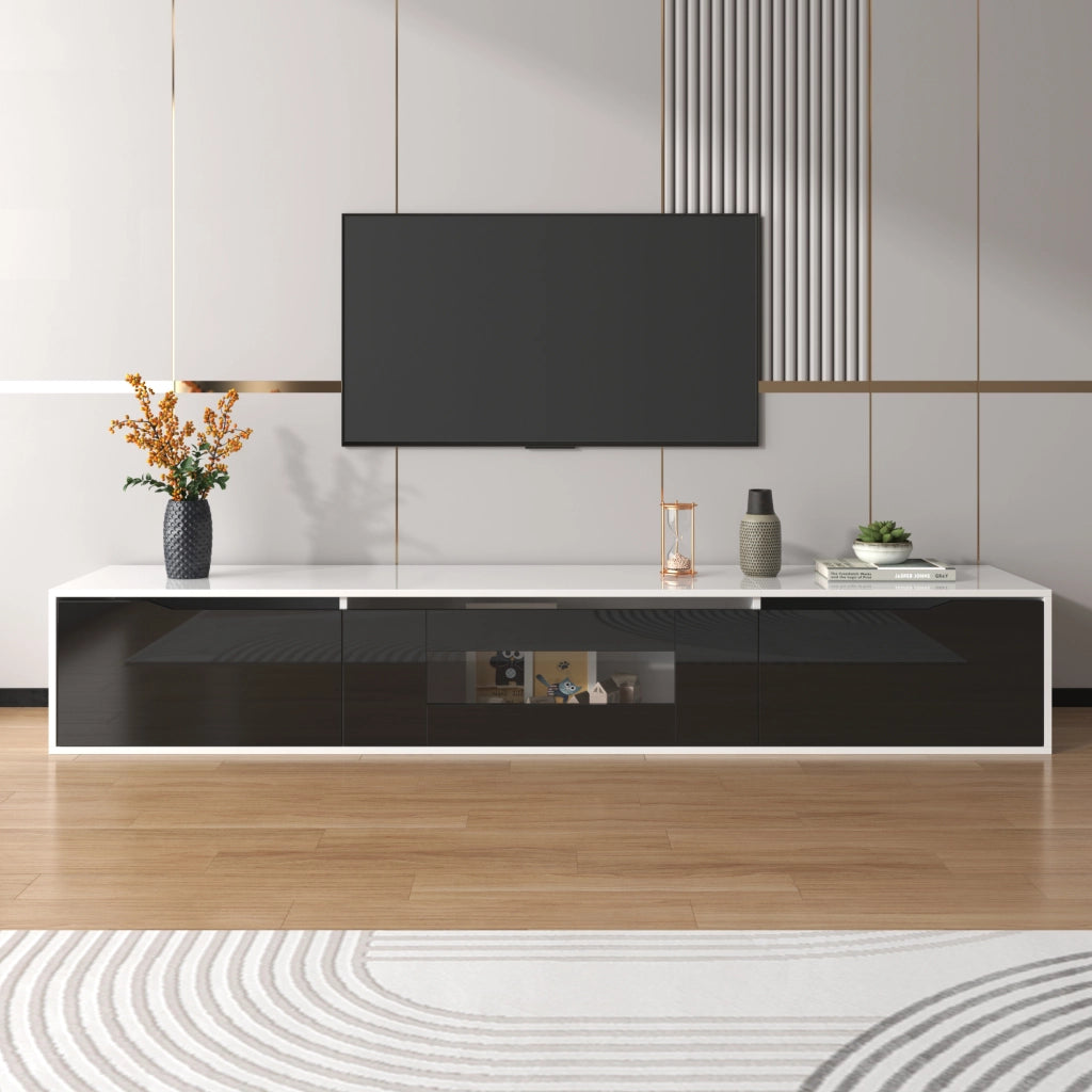 OKWISH Mobile TV con 2 Ante e LED, Frontale Scanalato, Finitura Lucida Laccata, per Soggiorno, 180×35×30 cm