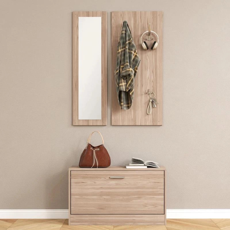 SET MOBILI DA INGRESSO CON PANCA SCARPIERA, APPENDIABITI A MURO E SPECCHIO, 80X27X46.5 CM, MARRONE SCURO