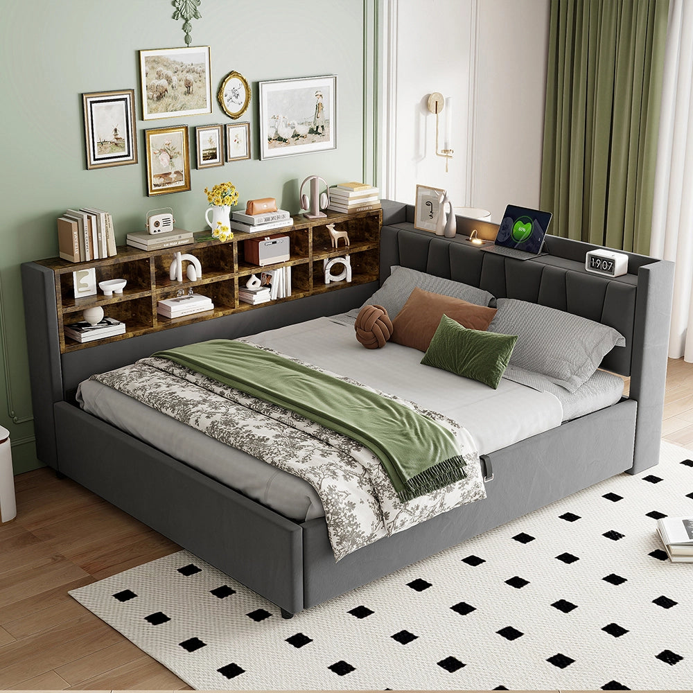 Divano letto-Xylo-140x200 cm-LED, USB-C, velluto grigio scuro