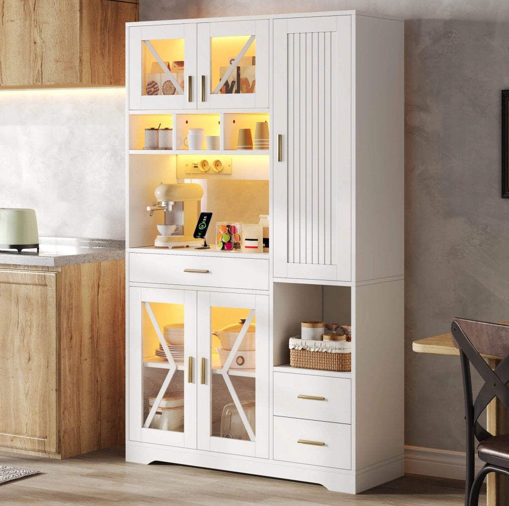 Mobile buffet da cucina 105 x 40 x 185 cm in MDF bianco con LED a cambio colore; prese e USB