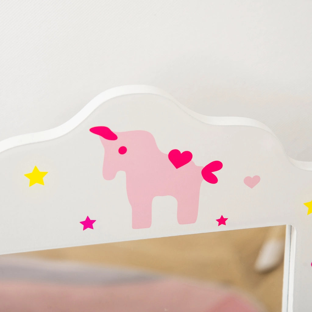 EasyComfort Toeletta per Bambini con Sgabello, Tavolo Trucco con Triplo Specchio e Cassetto, 63x40x85.5cm, Bianco