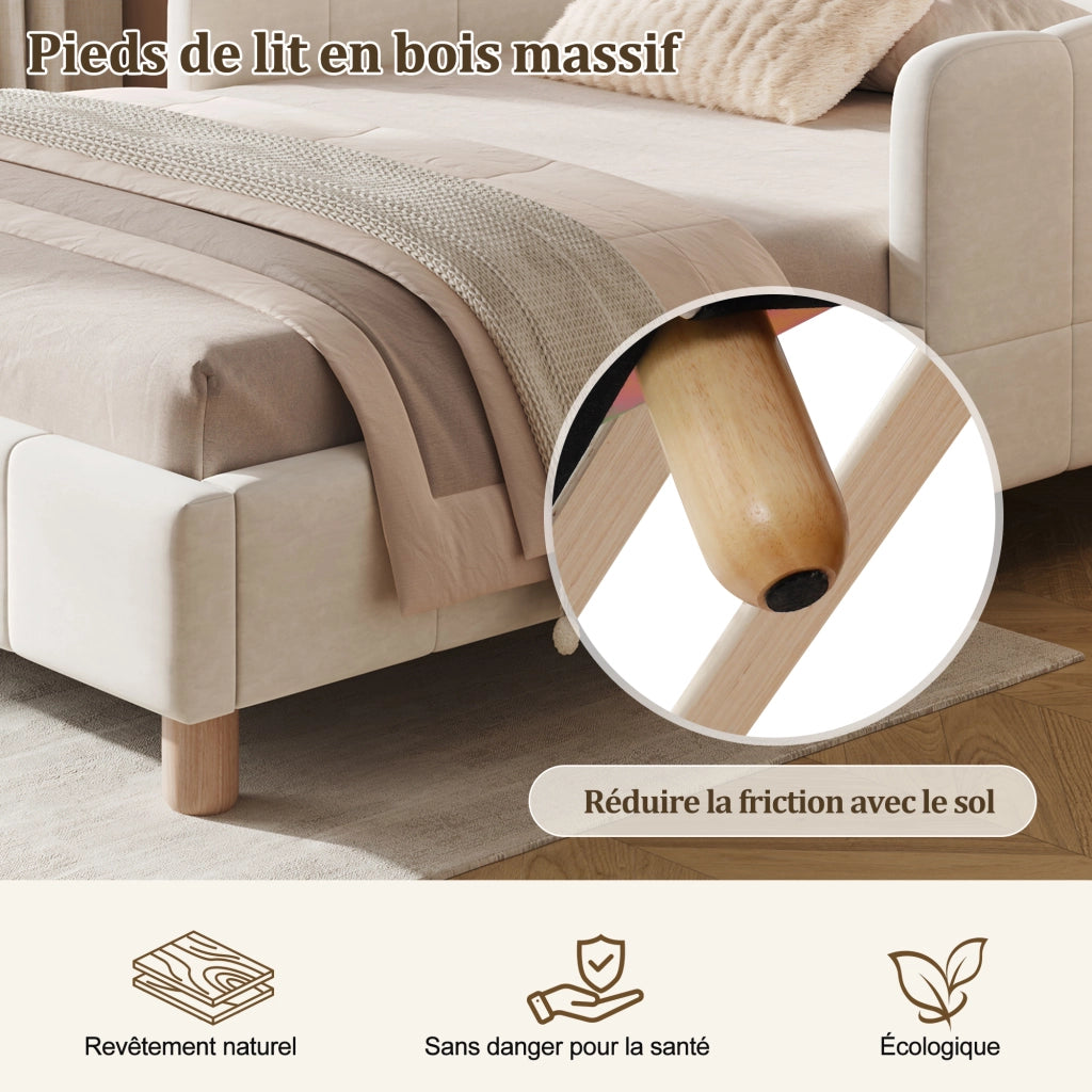 Letto divano per bambini 90x200 cm imbottito con testiera; sponda anticaduta e piedi in legno massello; velluto beige