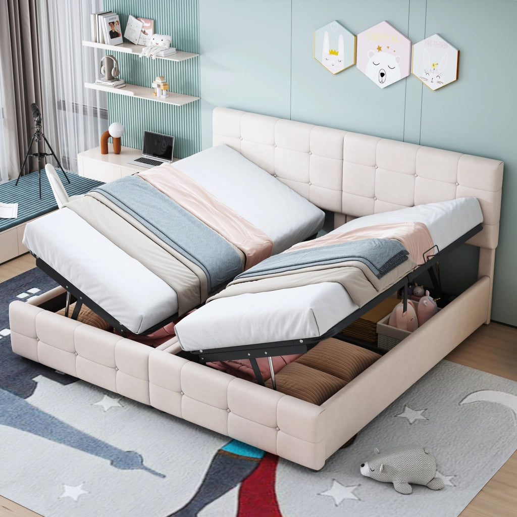 OKWISH Letto Contenitore 180×200 cm, Letto Matrimoniale con Sollevamento Idraulico, Testiera Regolabile e Convertibile, senza Materasso, Beige