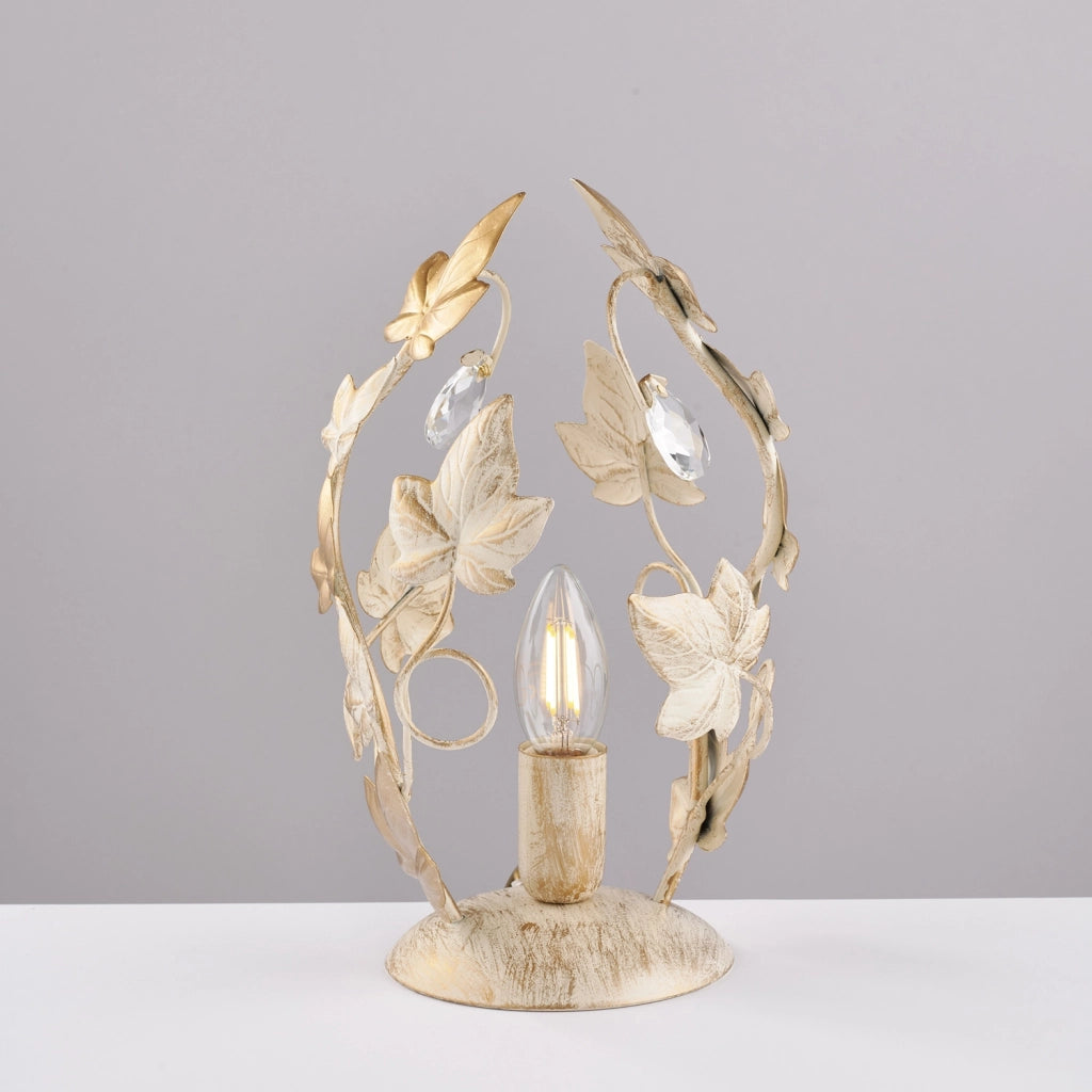 Lumetto Shabby Edera 1 Luce Ferro Battuto Avorio E Oro Con Foglie E Cristalli