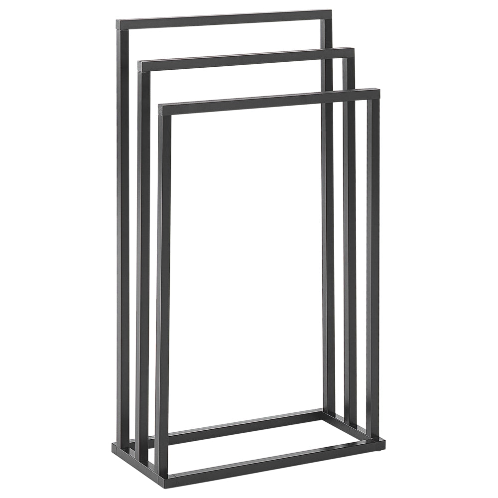 Porta asciugamani in acciaio Nero opaco e legno scuro 3 binari Accessori bagno Porta asciugamani in piedi dal design moderno