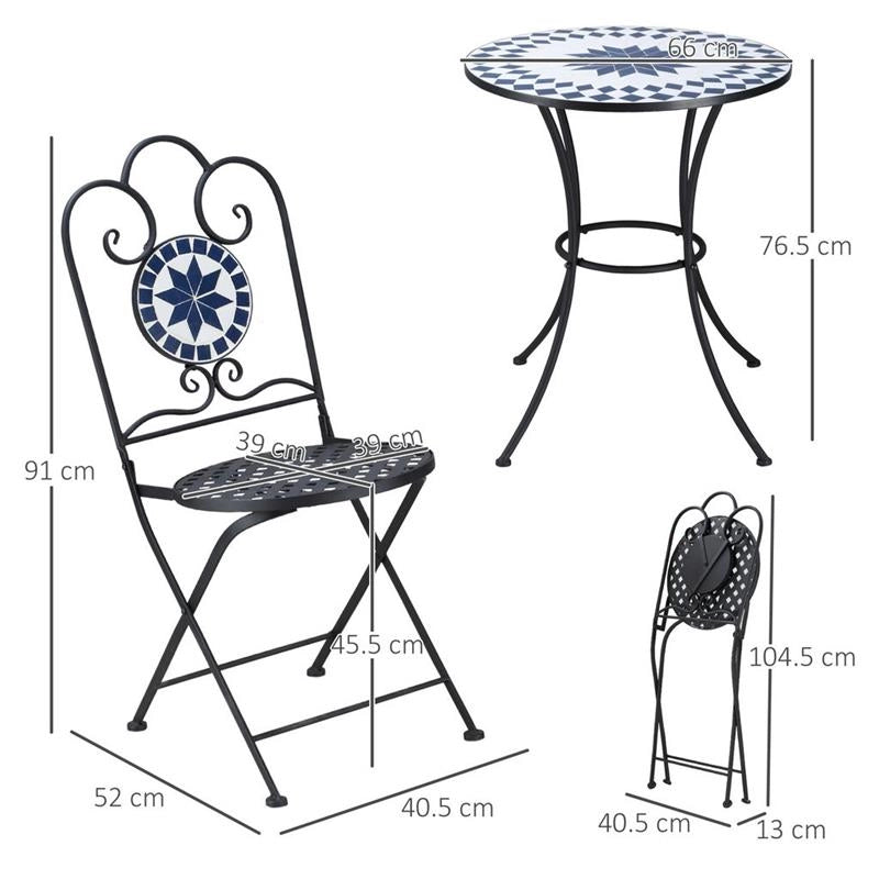 SET DA GIARDINO CON 2 SEDIE PIEGHEVOLI E 1 TAVOLINO A MOSAICO NERO