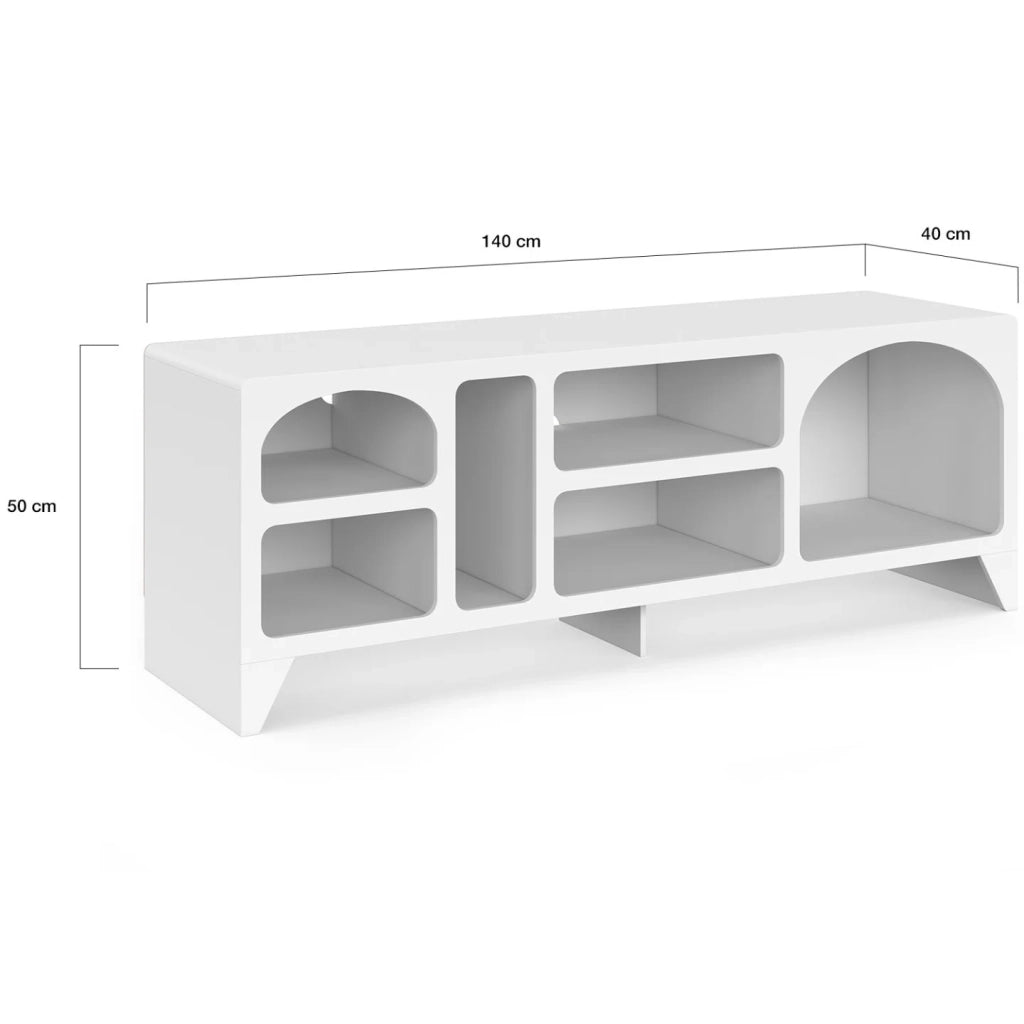 IDMarket - Mobile TV organico ALESIA 140 cm con 6 nicchie in legno bianco