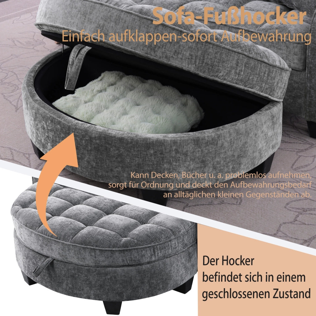 Divano letto 2 in 1 con pouf contenitore; Divano convertibile; in tessuto traspirante; legno di eucalipto; grigio scuro
