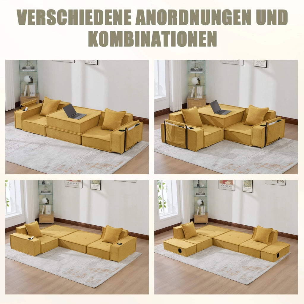 Pouf modulare con tasche laterali e cuscini, seduta ergonomica e struttura bassa stabile, in ciniglia giallo senape