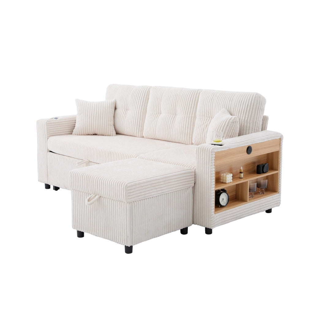 Divano letto estraibile in velluto a coste beige con contenitore; LED e USB-C