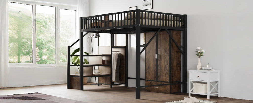 Letto a castello nero in metallo e legno con funzione contenitiva 140x200 cm