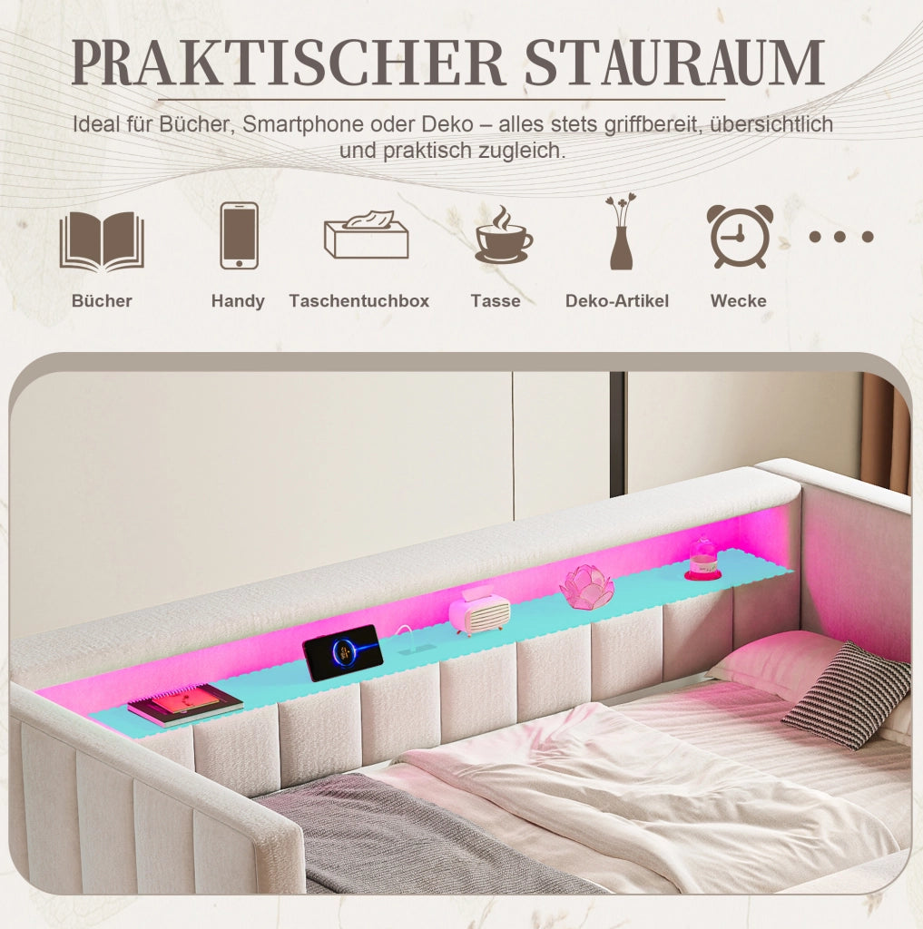 Divano letto estraibile 90x190 cm in velluto beige con LED; USB Type-C e struttura legno-metallo