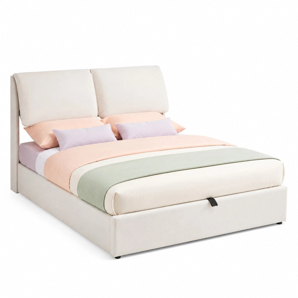 Letto imbottito matrimoniale 140x190 in velluto beige con contenitore idraulico, 3 cassetti e testiera regolabile