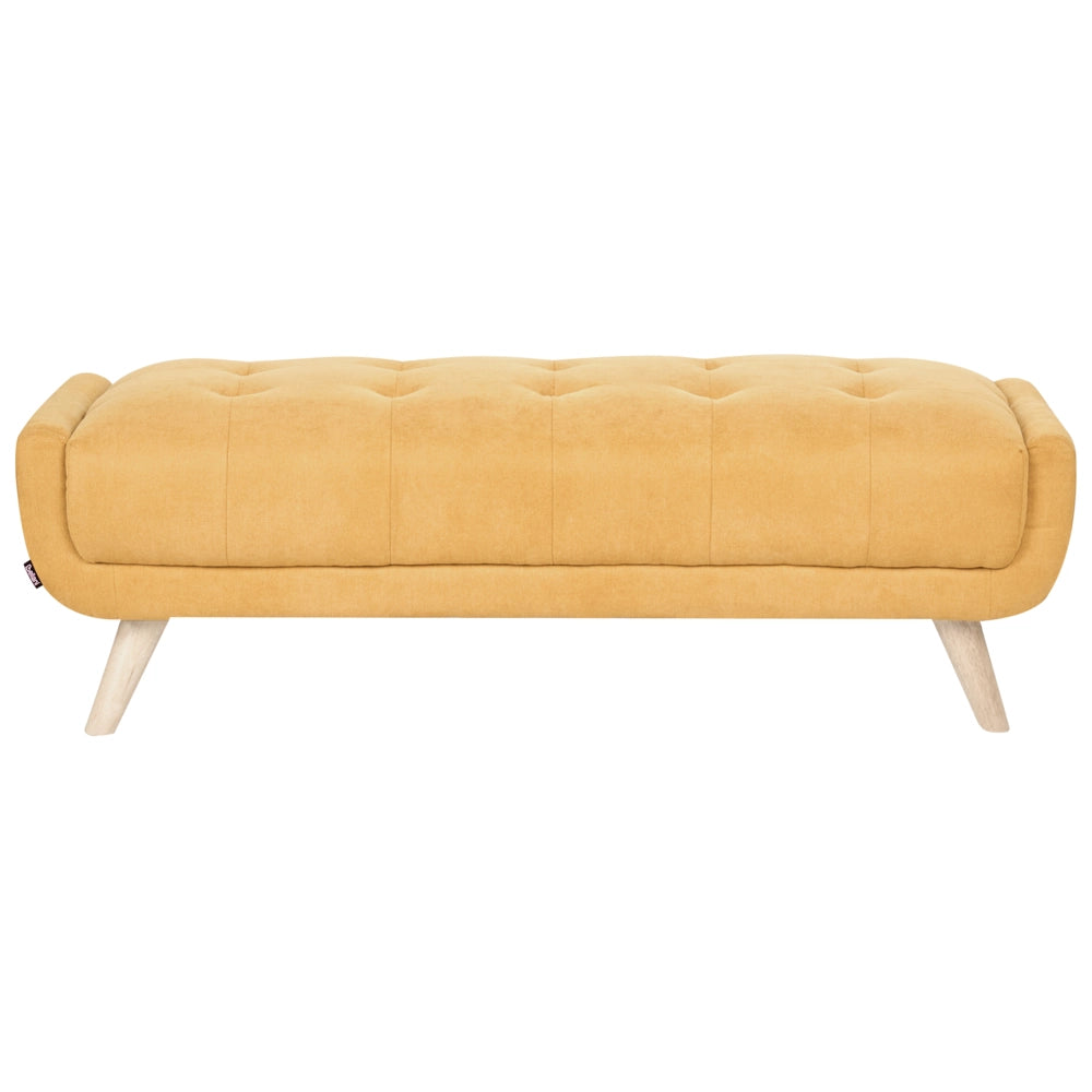 Divano a due posti in tessuto con poggiapiedi cuscini decorativi e gambe in legno trapuntatura decorativa stile retrò senape