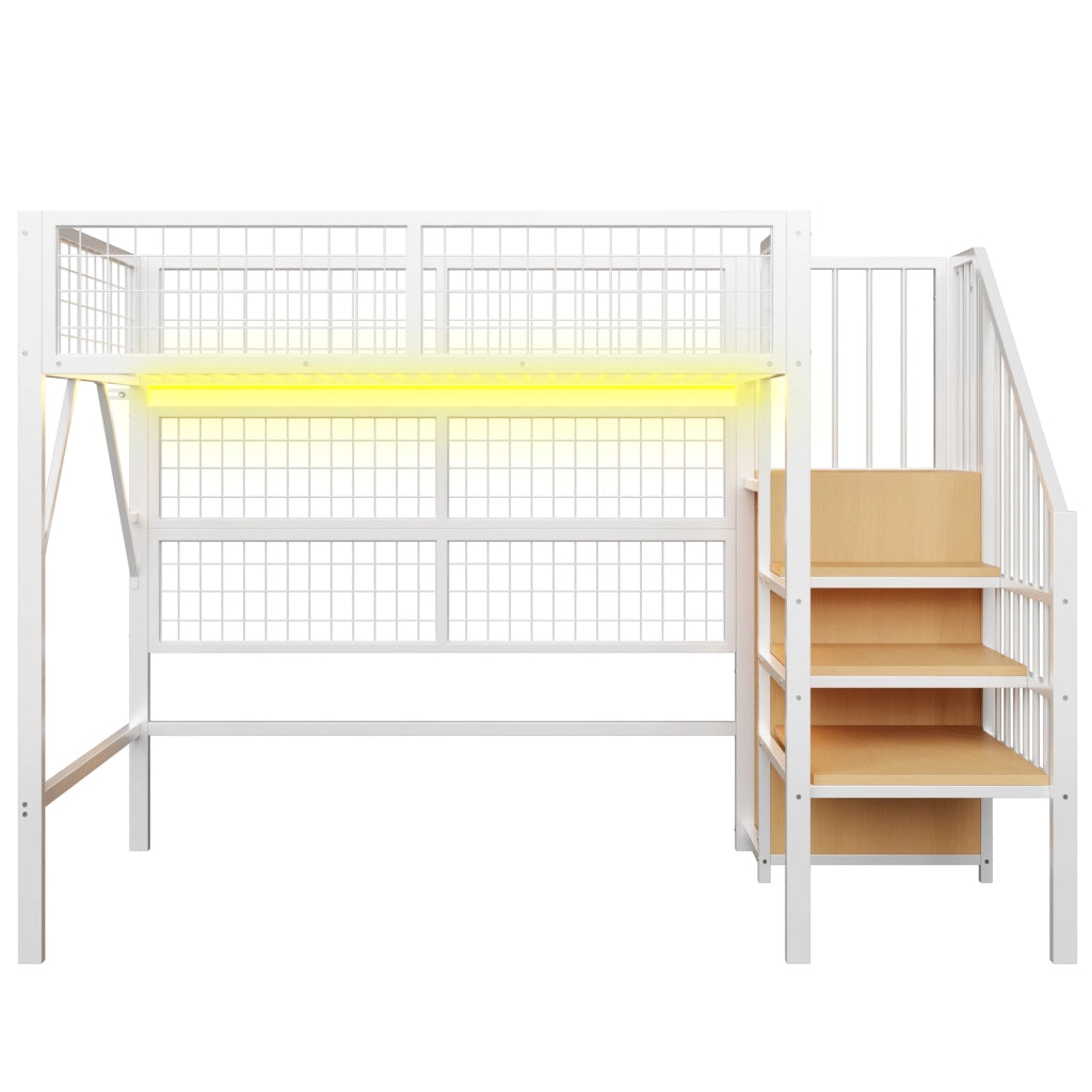 Letto a soppalco 90x200 in metallo con scala contenitore e LED; bianco
