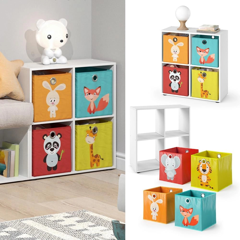 Libreria bambini Tetra, Bianco, 72.6 x 72 cm con 4 scatole pieghevoli (rosso/giallo), adatto per riporre giocattoli e libri