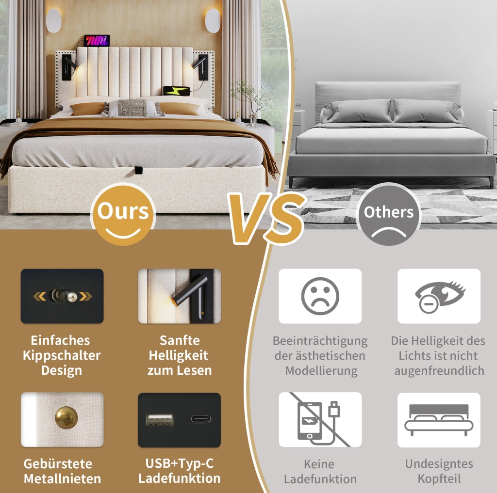 Letto matrimoniale beige 180x200 con contenitore, luce e USB-C