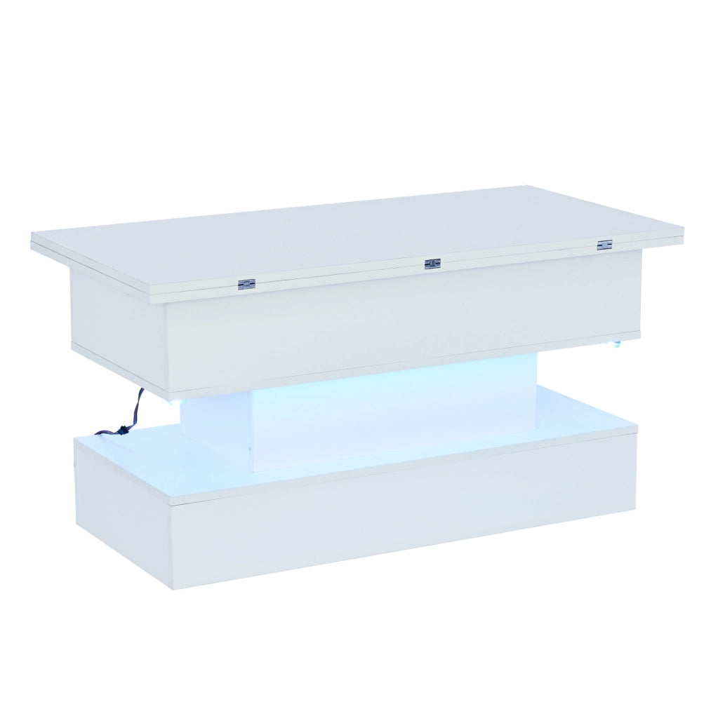 Tavolino da caffè 100x50x51.5 cm con piano sollevabile; vano contenitore e LED; truciolare bianco
