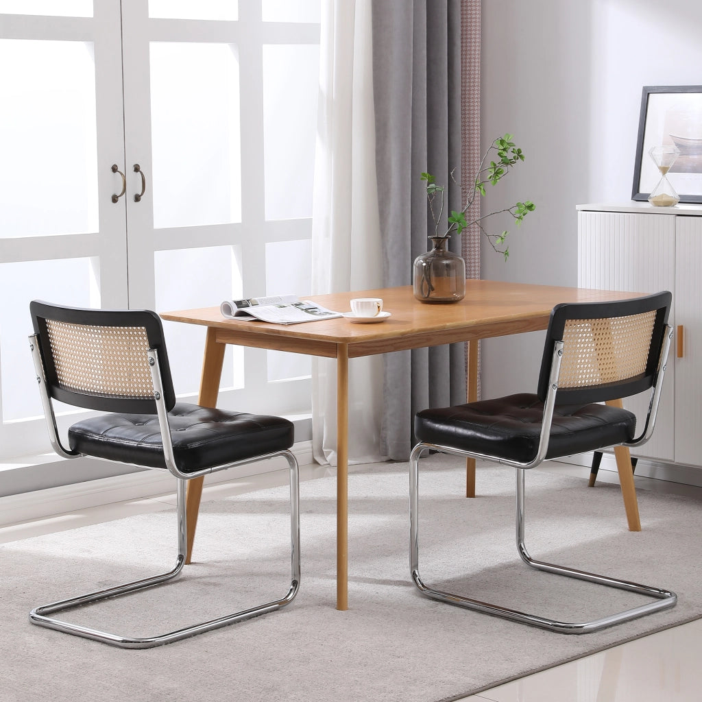 Sedie da Pranzo Set 2 Pezzi ¨C MINIMAL ¨C Rattan, Ecopelle, Schienale a Rete, Gambe in Metallo, Nero
