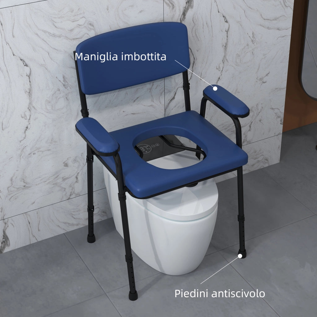 Sedia Comoda 5 in 1 per Anziani e Disabili per WC e Doccia. Altezza Regolabile e Secchio Rimovibile. Blu