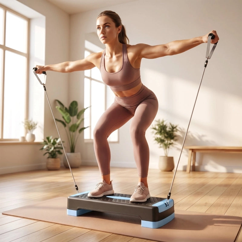 STEPPER AEROBICO Multifunzionale 66x28x16 cm ABS Blu con 2 bande elastiche