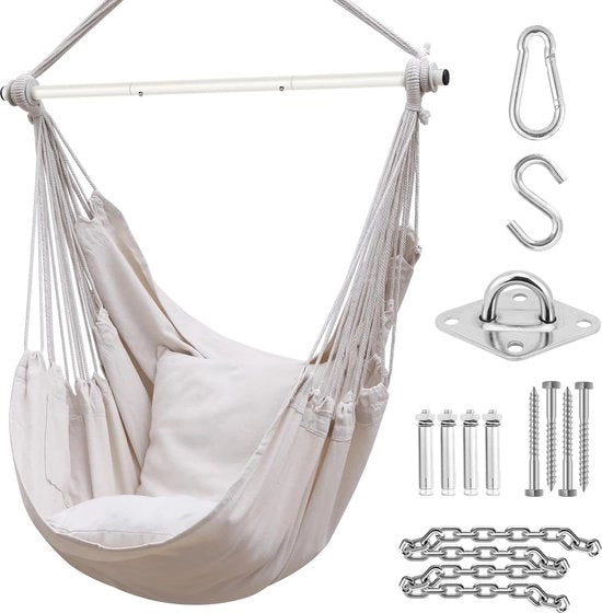Sedia a sospensione Cocoon XL con kit di attacco e 2 cuscini - Braccio di sostegno metallico rimovibile - Posizionamento laterale per interni ed esterni - Sedia a sospensione per patio, camere da letto, decorazione della camera di una ragazza.