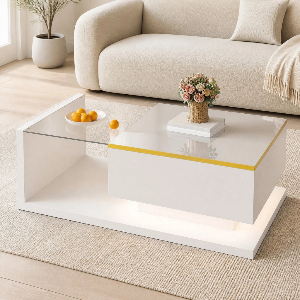 Tavolino da caff¨¨ 90 x 50 cm in bianco lucido con piano in vetro e LED