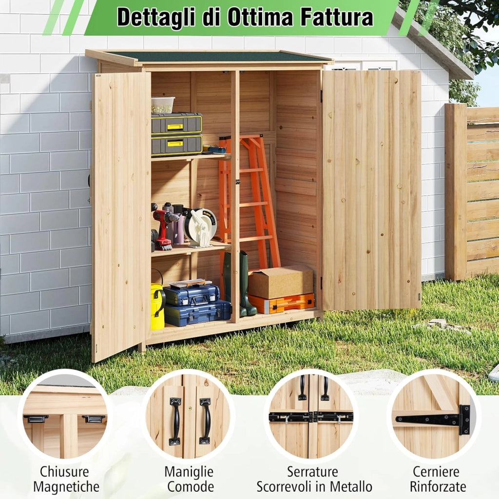 Armadio da Esterno in Legno Massello, Casetta Porta Attrezzi per Esterno con 2 Ripiani Rimovibili, Porte Bloccabili e Tetto Inclinato in Asfalto Impermeabile per Giardino, Cortile e Patio