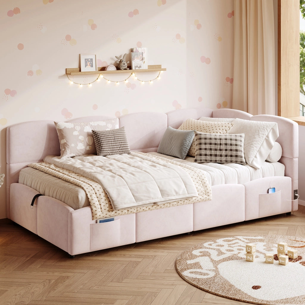 Letto imbottito 90x200 cm rosa in velluto con vano contenitore, USB e tasche
