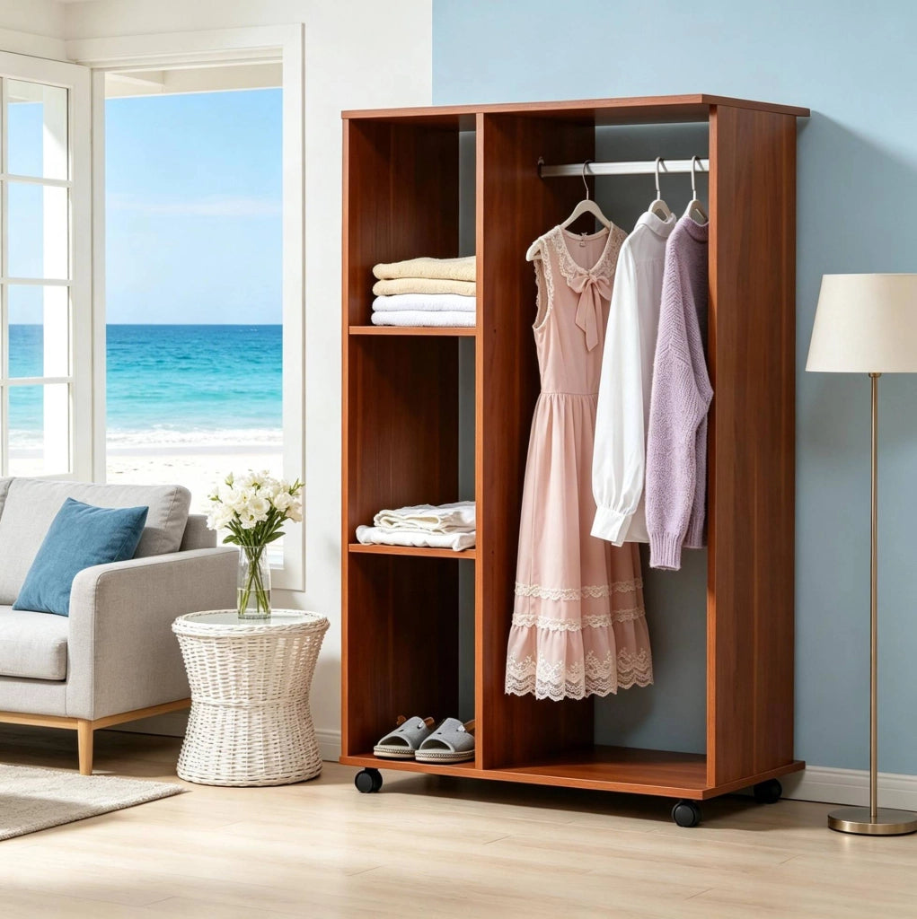Armadio aperto mobile 80x40x128 cm con 4 ruote; ripiani e asta in alluminio; truciolare noce