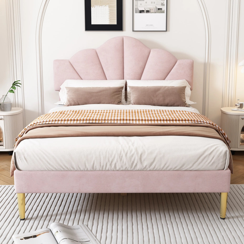 Letto imbottito in velluto rosa 140x190 cm con testiera regolabile e rete a doghe in legno