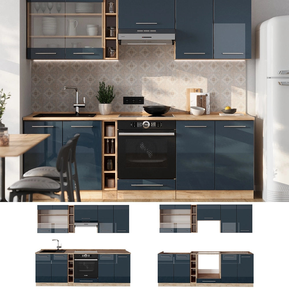 Cucina componibile Fame-Line Blu scuro lucido/Rovere dorato 235 cm, PL Rovere Vicco