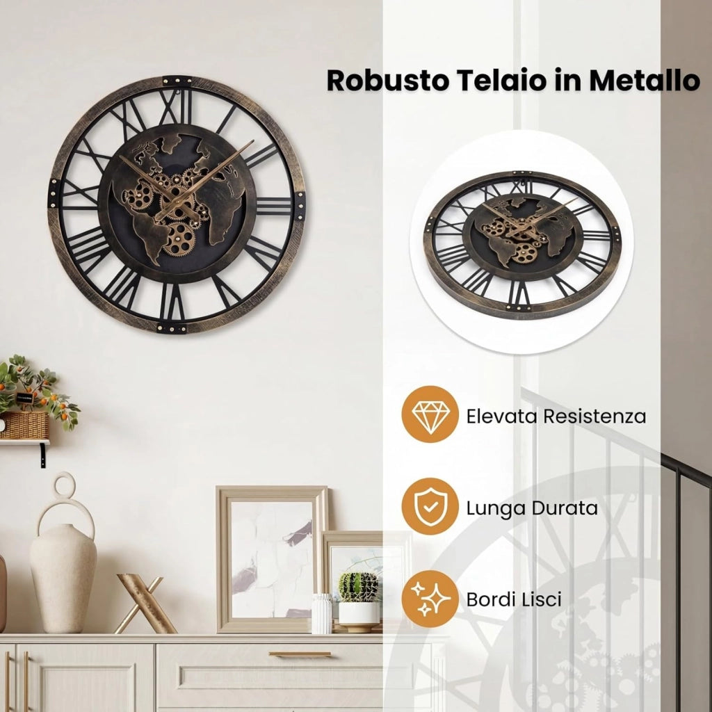 Grande Orologio da Parete 68 cm, Orologio a Ingranaggi con Mappa del Mondo, Orologio in Metallo Decorativo Silenzioso con Ingranaggi Mobili, per Soggiorno Camera da Letto Cucina