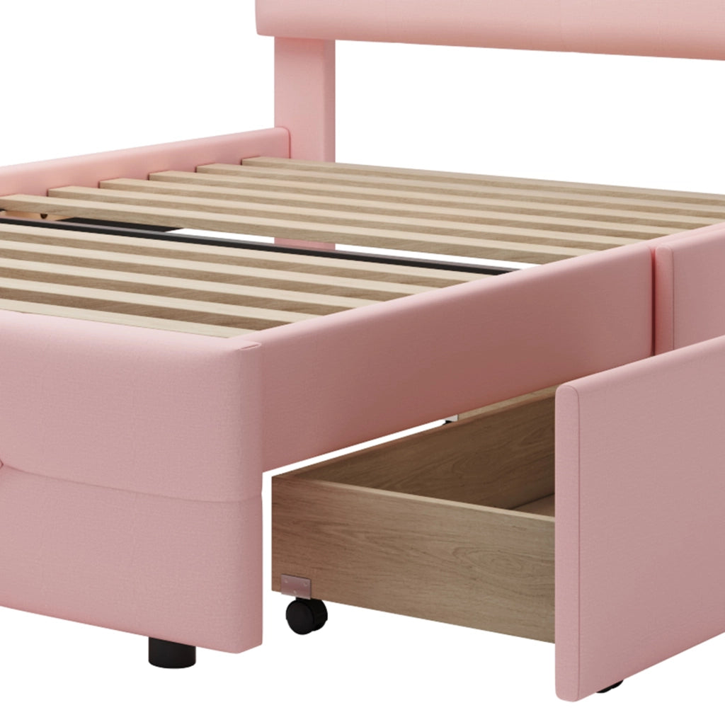 Letto singolo imbottito 90x200 cm con LED e 2 cassetti rosa