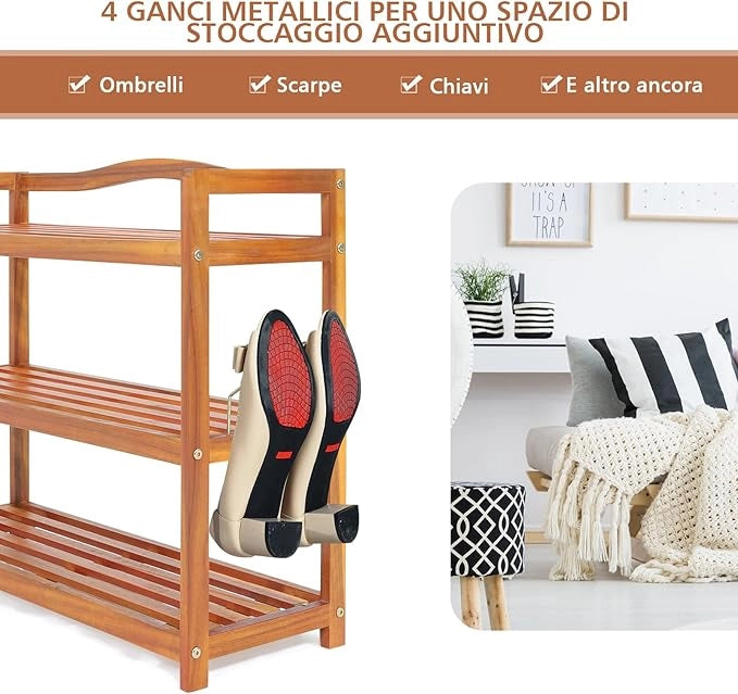 Scarpiera a 2 Livelli, Scaffale per Scarpe in Legno di Acacia Solido con Ganci Laterali in Metallo, Contiene 12 Paia, Capacità di Ogni Ripiano 20 kg, 74 x 26 x 42 cm (3 Livelli)