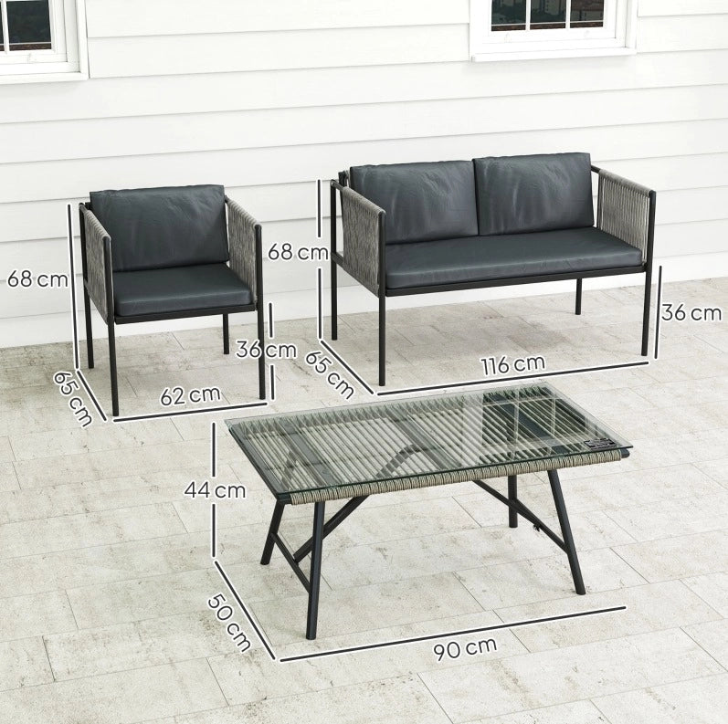 Set mobili da balcone 4 pezzi con divano a 2 posti; tavolino con vetro temperato; grigio