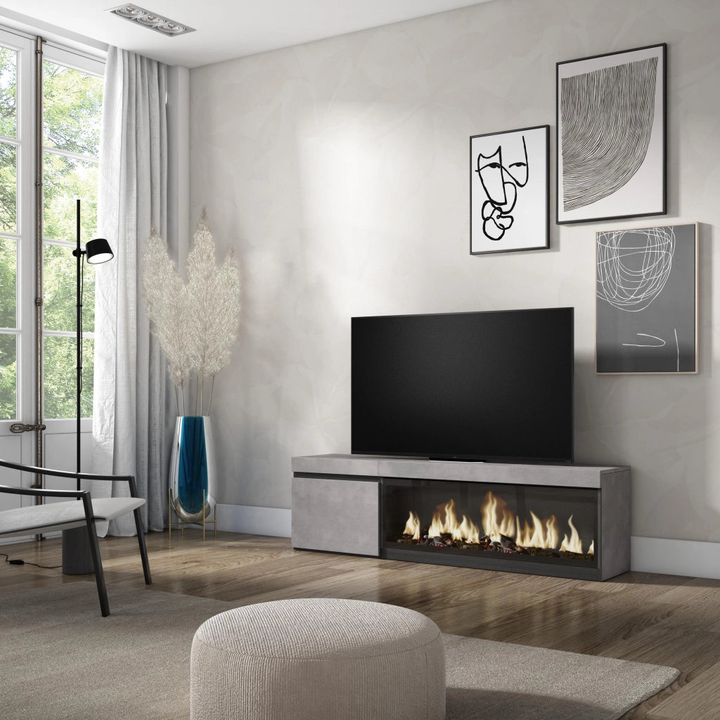Mobile TV Soggiorno, 158x35x45cm, Per TV fino a 65", Camino elettrico XXL, grigio cemento RF3238