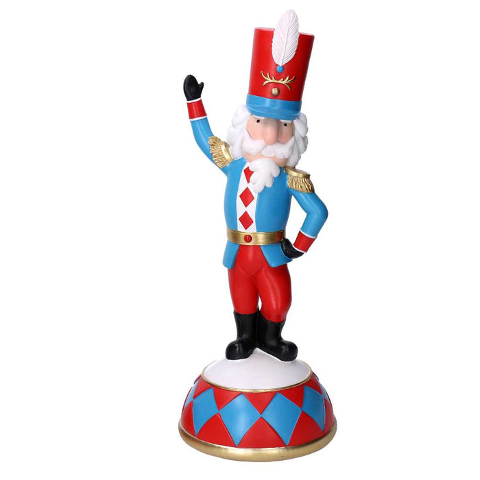 Soldatino Schiaccianoci in resina azzurro e rosso capelli bianchi cm 14,8x12xh38