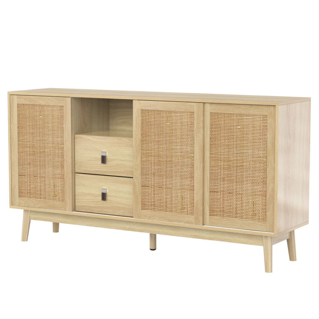 Credenza con 3 ante scorrevoli in rattan e 2 cassetti, MDF e pannelli truciolari, color legno 155 × 38 × 80 cm