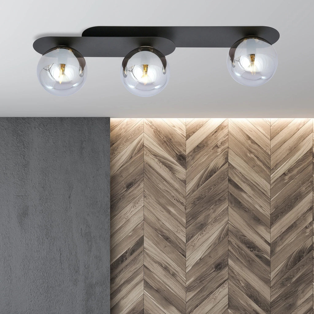 Plafoniera Minimal 3 Luci Teia In Acciaio Nero E Sfere Vetro Fumè