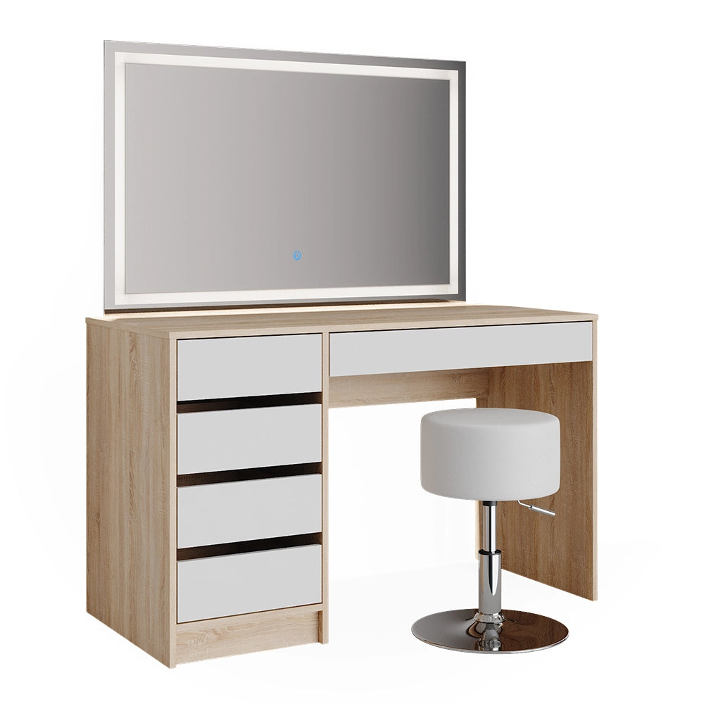 Vicco Tavolo da toeletta Bianco/Sonoma 55 cm con specchio LED e sgabello