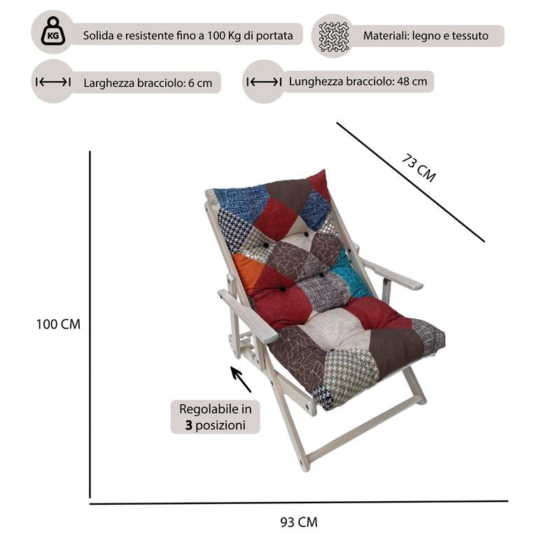 MAURY'S POLTRONA RELAX MAURYTCHWORK COMODONA IN LEGNO 3 POSIZIONI CON CUSCINO IMBOTTITO