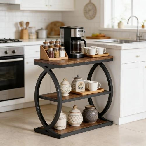 Tavolino basso fisso industriale farmhouse con 3 ripiani aperti in metallo e legno nero e marrone rustico 60 cm