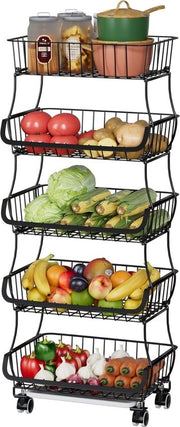 Carrello per verdure con ruote, 5 strati di pannelli per verdure, contenitore di stuoia per verdure, contenitore di stuoia per la cucina, nero