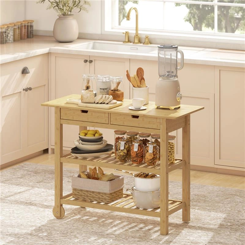 CARRELLO CUCINA IN LEGNO DI BAMBÙ CON 2 CASSETTI, 2 RIPIANI A DOGHE E 2 ROTELLE, 100X43X75 CM, LEGNO