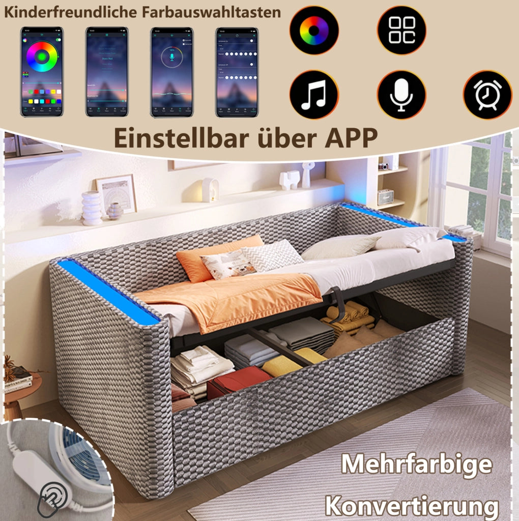 Letto singolo 90x200 cm in velluto grigio con LED