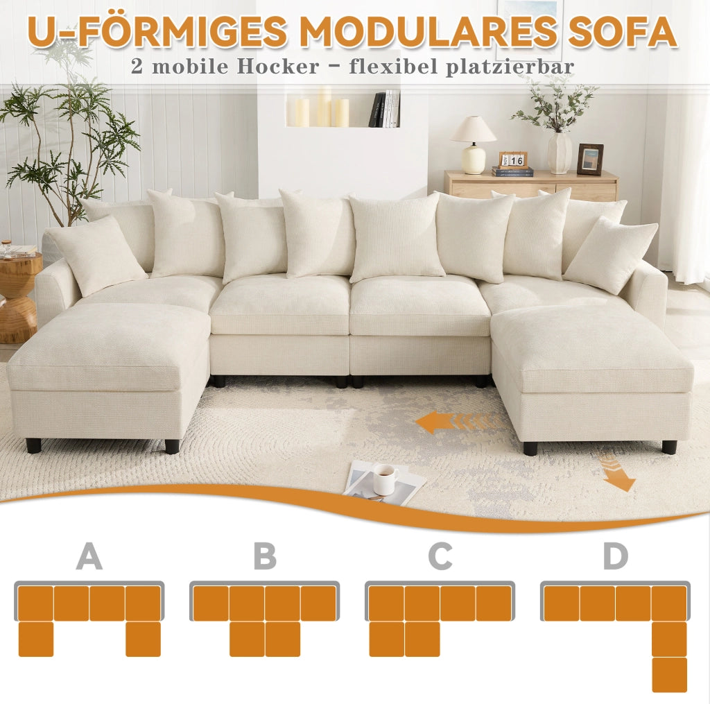 Divano angolare modulare 6 posti beige con USB e Type-C